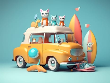 Adorable cat sittign on the car, ready for travel, summer concept. Generative AI.