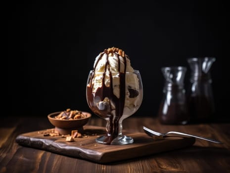 Tasty cold chocolate and vanilla ice cream sundae. Generative AI.