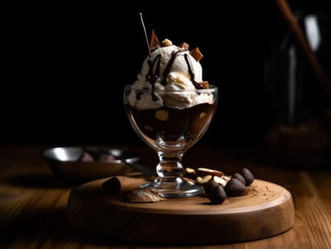 Tasty cold chocolate and vanilla ice cream sundae. Generative AI.