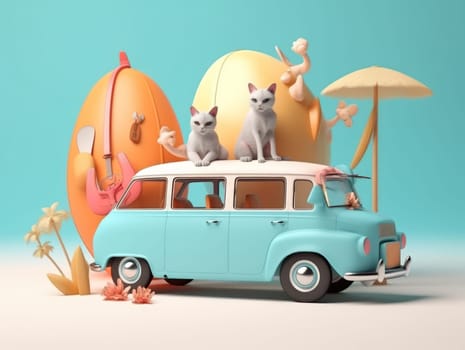 Adorable cat sittign on the car, ready for travel, summer concept. Generative AI.