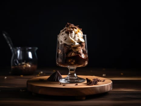 Tasty cold chocolate and vanilla ice cream sundae. Generative AI.