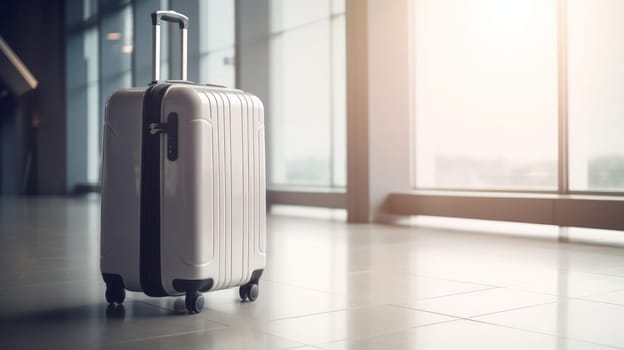 Travel suitcase with airport defocused background. Generative AI.