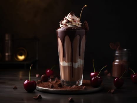 Chocolate milkshake with whipped cream and cherry. Generative AI.