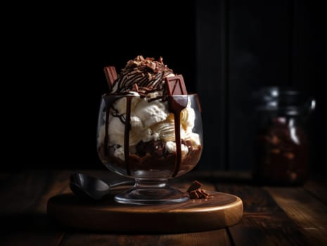 Tasty cold chocolate and vanilla ice cream sundae. Generative AI.