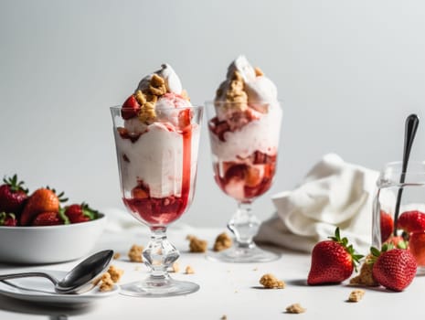 Ice cream sundae with strawberry sauce on white table. Generative AI.