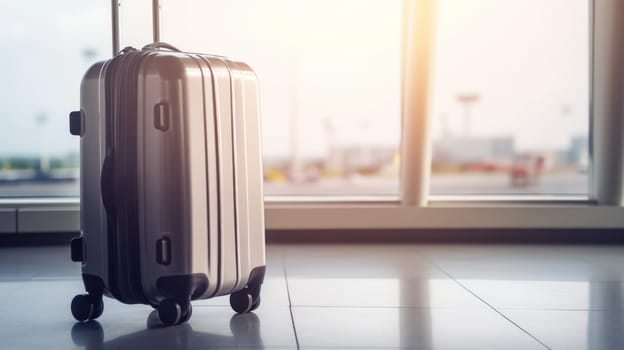 Travel suitcase with airport defocused background. Generative AI.