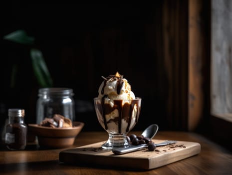 Tasty cold chocolate and vanilla ice cream sundae. Generative AI.