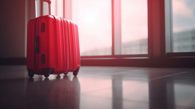 Travel suitcase with airport defocused background. Generative AI.