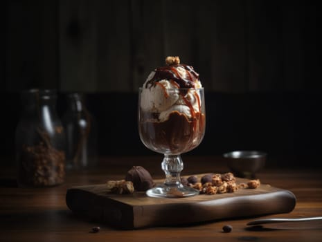 Tasty cold chocolate and vanilla ice cream sundae. Generative AI.