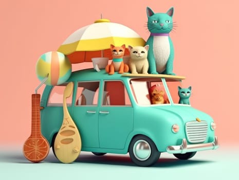 Adorable cat sittign on the car, ready for travel, summer concept. Generative AI.
