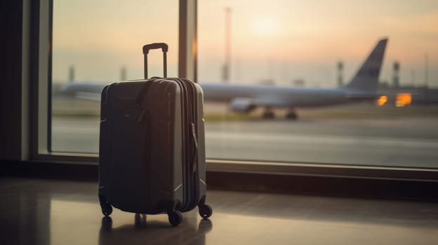 Travel suitcase with airport defocused background. Generative AI.