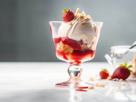 Ice cream sundae with strawberry sauce on white table. Generative AI.