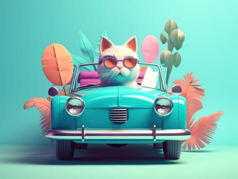 Adorable cat sittign on the car, ready for travel, summer concept. Generative AI.