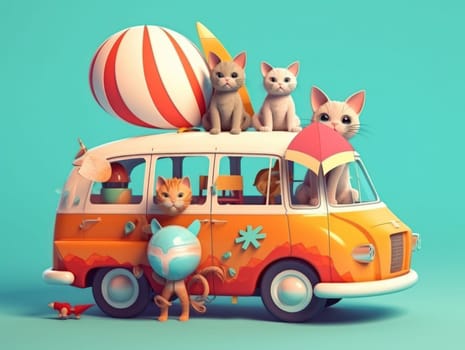 Adorable cat sittign on the car, ready for travel, summer concept. Generative AI.