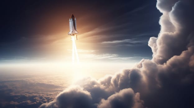 A rocket soars from Earth into space, science concept. Generative AI.