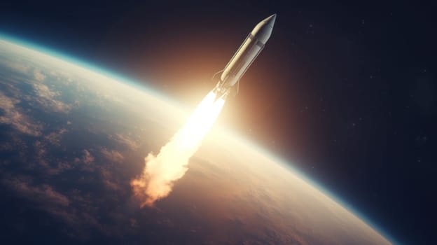 A rocket soars from Earth into space, science concept. Generative AI.