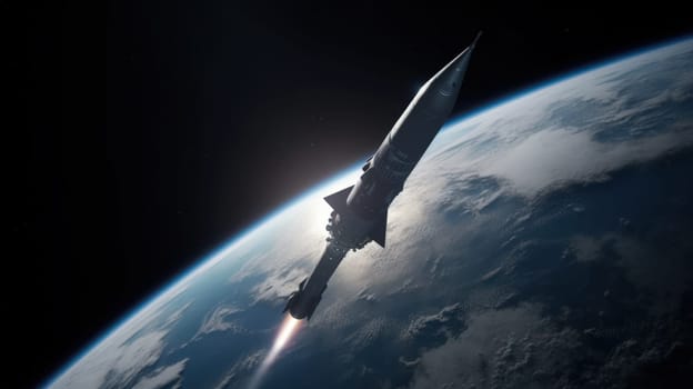 A rocket soars from Earth into space, science concept. Generative AI.