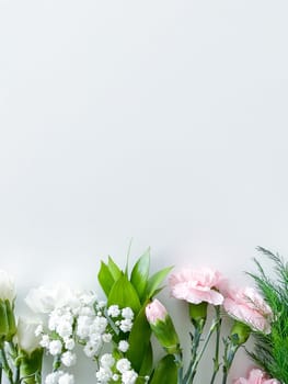 Close up photo of a bouquet of pink and white carnations isolated on a white background. With empty space for text or inscription. For postcard, advertisement or website.