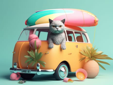 Adorable cat sittign on the car, ready for travel, summer concept. Generative AI.