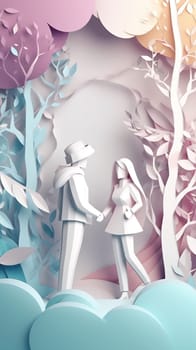 Lover and couple paper cut art with nature background. Generative AI.