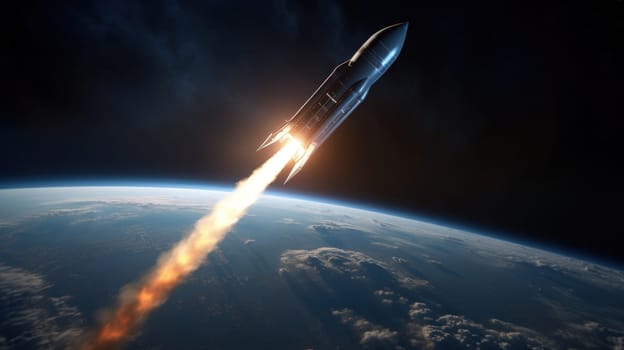 A rocket soars from Earth into space, science concept. Generative AI.