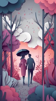 Lover and couple paper cut art with nature background. Generative AI.