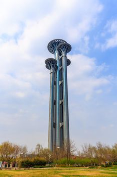 Beijing, China - April 02, 2015: The Olympic Park Observation Tower, stands at 258 meter,  is likened to "huge nails".