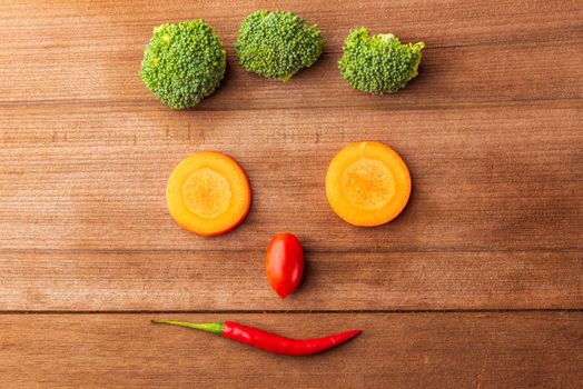 Close up above top view of the happy fresh organic vegetable and fruit face smiling on a wooden table background, Healthy lifestyle diet food concept