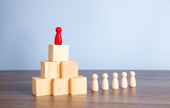 Career growth, development. Leadership, goal achievement. Wooden people figures on top of wooden blocks