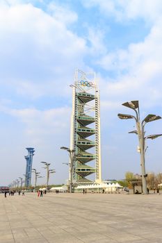 Beijing, China - April 02, 2015: The Ling Long Pagoda or Linglong Tower (Multifunctional Studio Tower) was used as a part of the International Broadcast Center (IBC), during the 2008 Beijing Olympic Games.