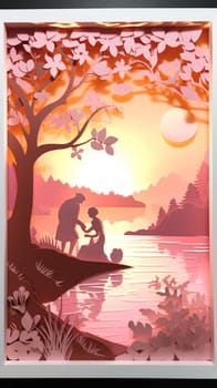 Lover and couple paper cut art with nature background. Generative AI.