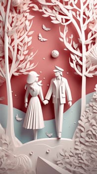 Lover and couple paper cut art with nature background. Generative AI.