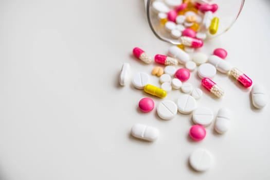 Drug prescription for treatment medication. Pharmaceutical medicament, cure in container for health.