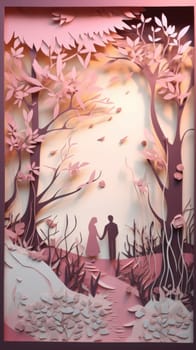 Lover and couple paper cut art with nature background. Generative AI.