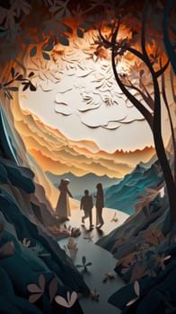 Lover and couple paper cut art with nature background. Generative AI.