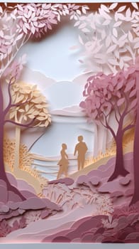 Lover and couple paper cut art with nature background. Generative AI.