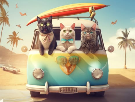 Adorable cat sittign on the car, ready for travel, summer concept. Generative AI.