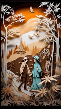 Lover and couple paper cut art with nature background. Generative AI.