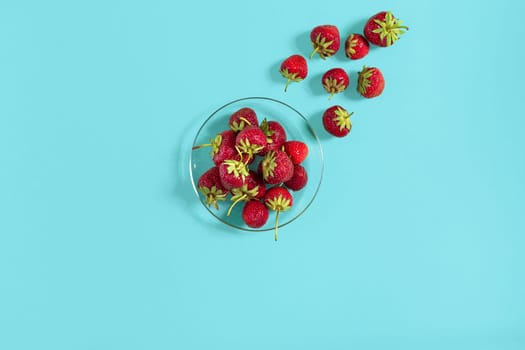 Ripe strawberries on the saucer isolated on mint background. Top view. Copy space. Still life mockup flat lay