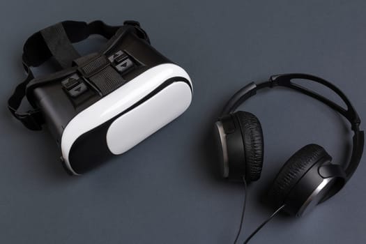Virtual reality headset. Top view. Copy space. Still life mockup flat lay
