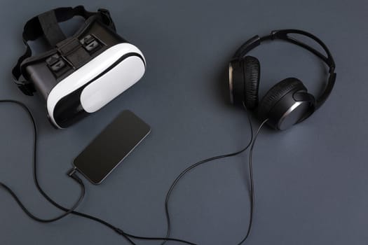 Virtual reality headset. Top view. Copy space. Still life mockup flat lay