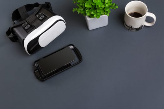 Virtual reality headset. Top view. Copy space. Still life mockup flat lay