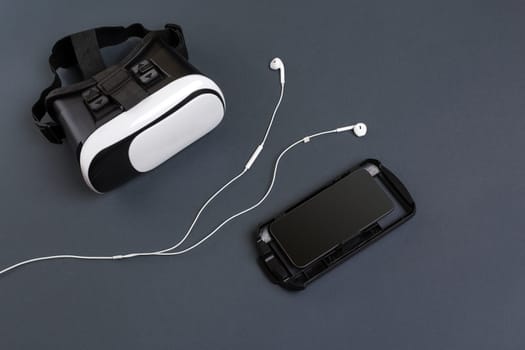 Virtual reality headset. Top view. Copy space. Still life mockup flat lay