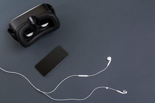 Virtual reality headset. Top view. Copy space. Still life mockup flat lay