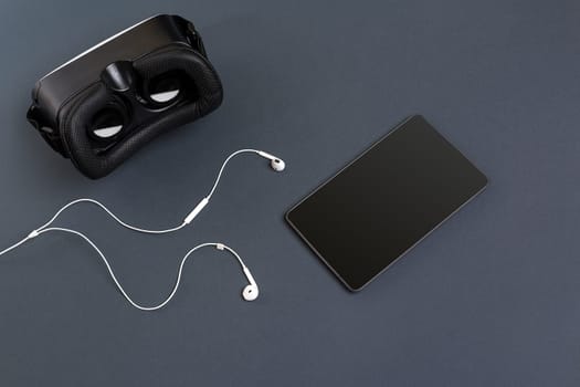 Virtual reality headset. Top view. Copy space. Still life mockup flat lay