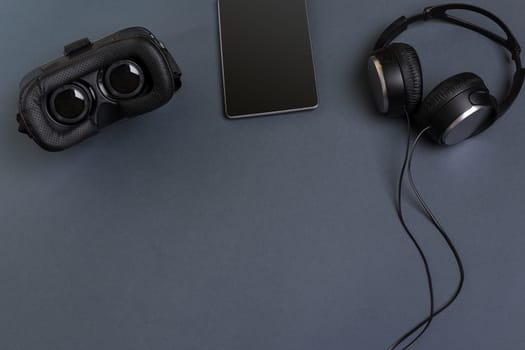 Virtual reality headset. Top view. Copy space. Still life mockup flat lay