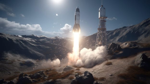 A rocket soars from Earth into space, science concept. Generative AI.