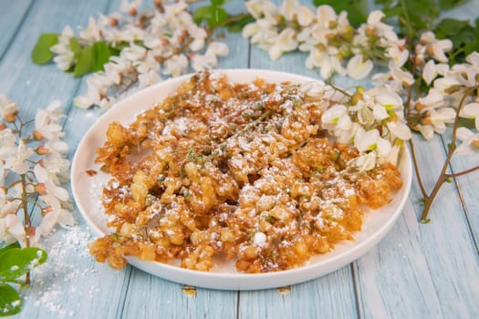 Acacia flowers fritters, Blossoming acacia with leafs, , Robinia pseudoacacia, White acacia, High quality photo