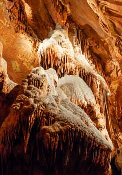 Calcite inlets, stalactites and stalagmites in large underground halls in Carlsbad Caverns NP, New Mexico