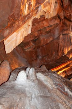 Calcite inlets, stalactites and stalagmites in large underground halls in Carlsbad Caverns NP, New Mexico